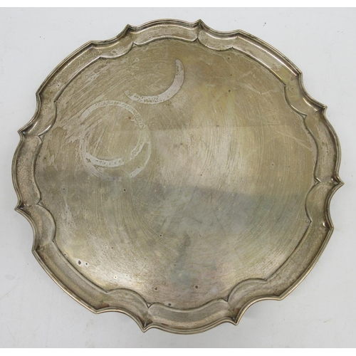 1032 - Edwardian silver salver with piecrust boarder and four scroll cast feet, by James Dixon & Sons Ltd, ... 