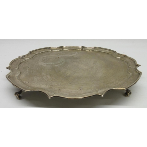 1032 - Edwardian silver salver with piecrust boarder and four scroll cast feet, by James Dixon & Sons Ltd, ... 