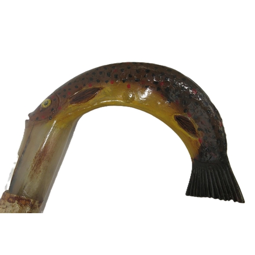 1299 - Craftsman made stick, horn handle shaped and painted as a Rainbow Trout, L128cm