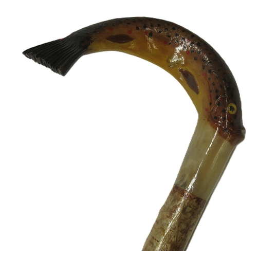 1299 - Craftsman made stick, horn handle shaped and painted as a Rainbow Trout, L128cm