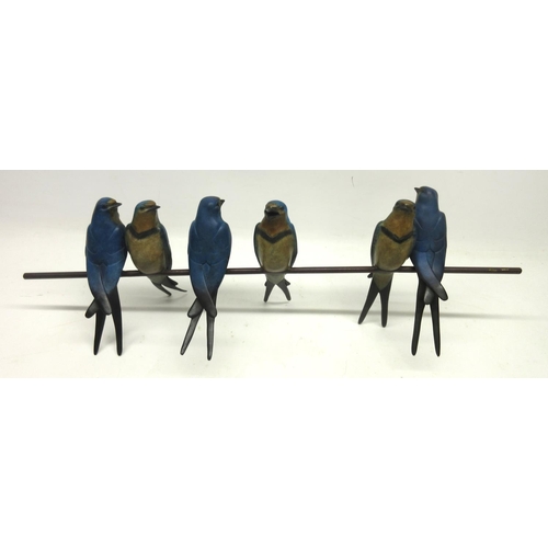 1087 - David Meredith (British Contemporary); 'Gossip Column' cold painted bronze of six birds on a wire, L... 