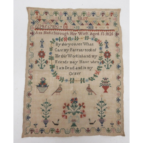 1278 - Georgian sampler, worked with coloured silks on linen ground, by Ann Blakeborough aged 13, 1826, 'By... 