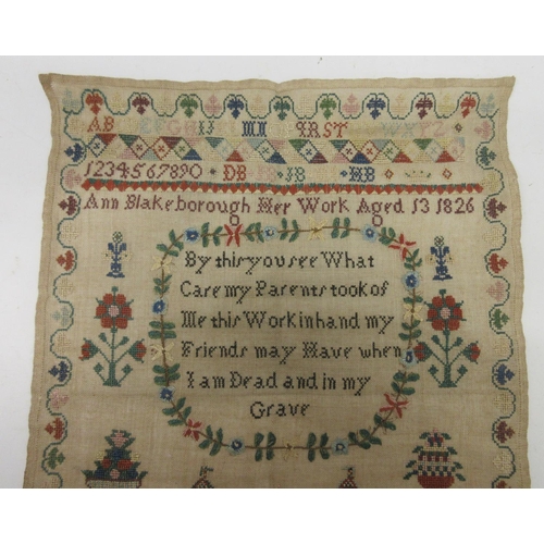 1278 - Georgian sampler, worked with coloured silks on linen ground, by Ann Blakeborough aged 13, 1826, 'By... 