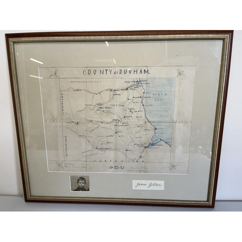 1356 - Early 20th century map of the County of Durham, hand drawn in pencil with Railways and Main Roads by... 