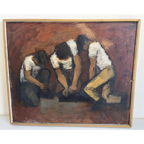 1354 - Gill Levin (British b. 1935); Men at Work, oil on canvas, signed and dated '60, 51cm x 50cm