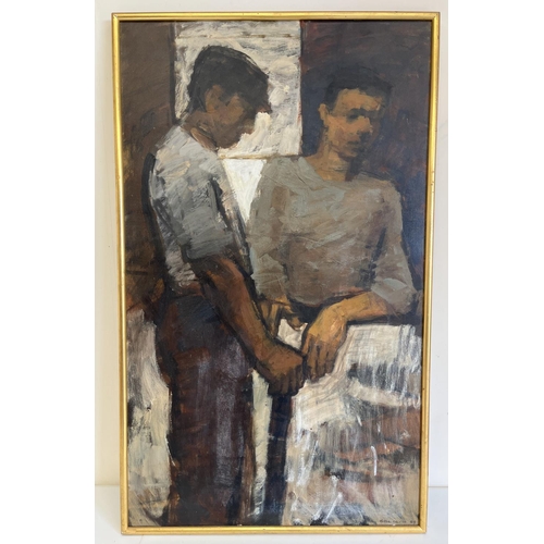 1337 - Gill Levin (British b. 1935); Figure study of two men in an interior, oil on canvas, signed and date... 