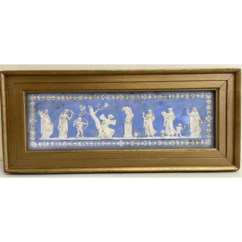 1097 - Wedgwood blue Jasper dip type fire surround tablet, decorated with figures by a brazier in a repeati... 