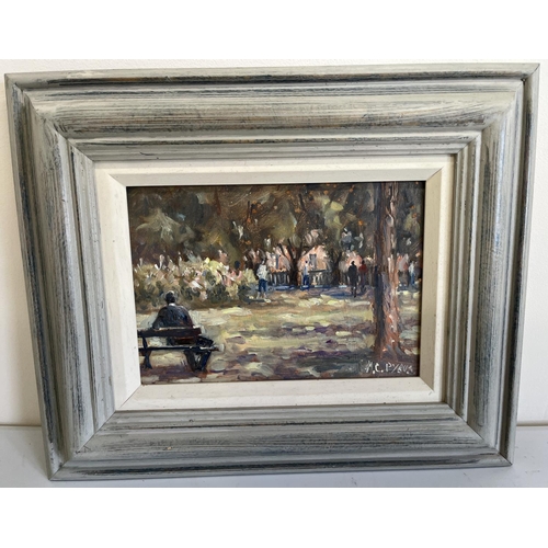 1345 - Christine M Pybus (British 1954-); Figures in a French Village Square, oil on board, signed, inscrib... 