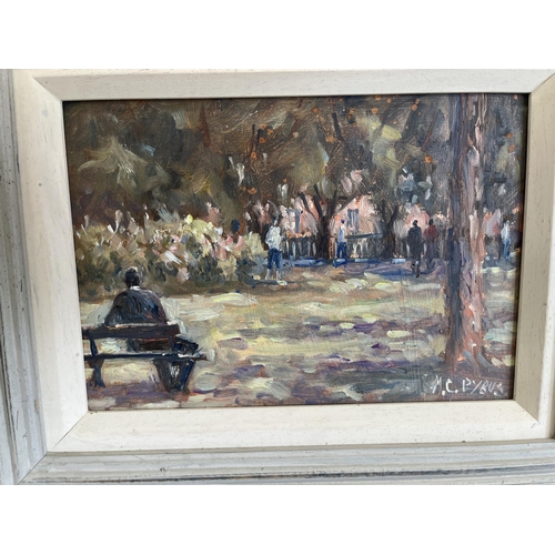 1345 - Christine M Pybus (British 1954-); Figures in a French Village Square, oil on board, signed, inscrib... 