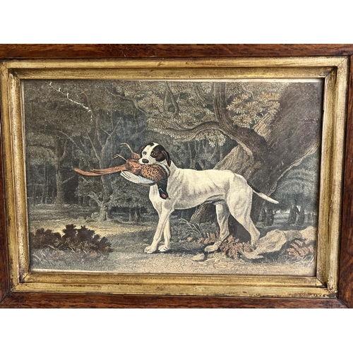 1301 - 19th century colour print of a gundog with pheasant in a wood, moulded oak frame with gilt slip, 17c... 