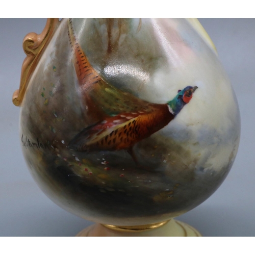 1187 - Royal Worcester ewer, painted with pheasant in a landscape by Jas Stinton, No.779, puce mark and dat... 