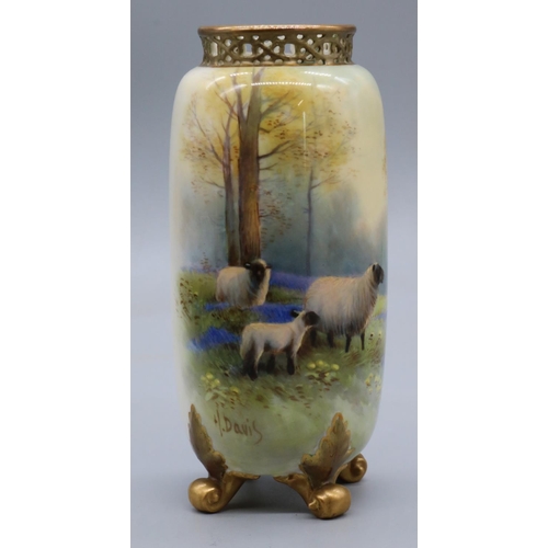 1197 - Royal Worcester cylindrical vase painted with sheep in a flower meadow with trees, with reticulated ... 