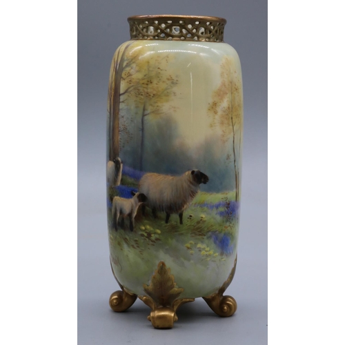 1197 - Royal Worcester cylindrical vase painted with sheep in a flower meadow with trees, with reticulated ... 