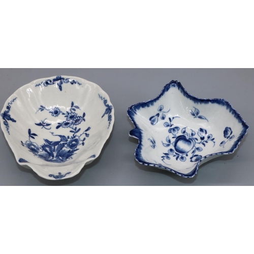 1208 - 18th century Worcester blue & white Two Peony Rock Bird pattern shell shaped pickle dish, with blue ... 