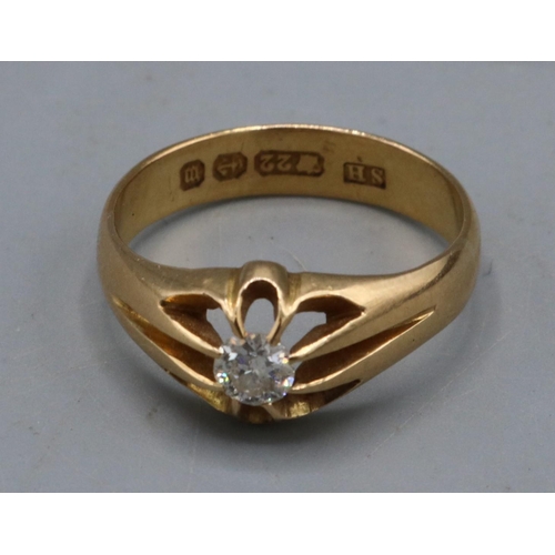 1005 - Victorian 22ct yellow gold diamond solitaire ring, the single brilliant cut diamond in belcher setti... 