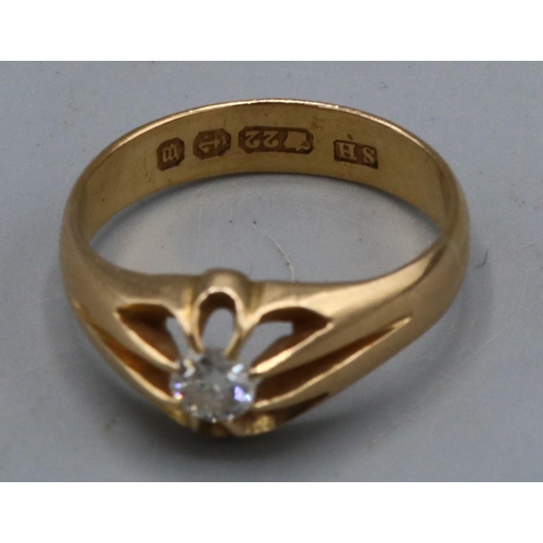 1005 - Victorian 22ct yellow gold diamond solitaire ring, the single brilliant cut diamond in belcher setti... 