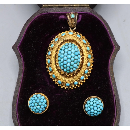 1006 - Victorian Etruscan revival yellow metal pendant with central turquoise cluster dome, turquoise borde... 