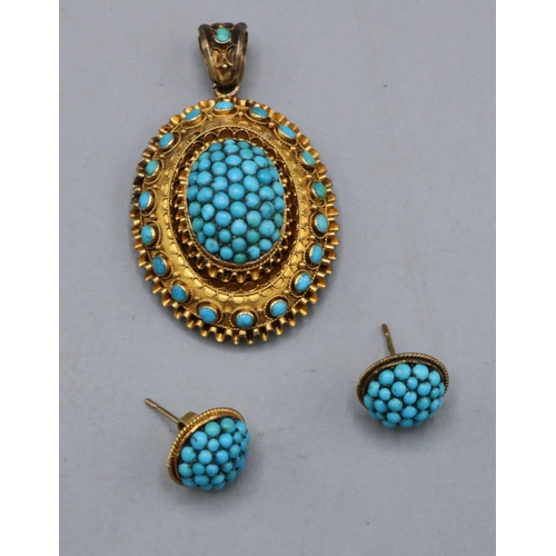 1006 - Victorian Etruscan revival yellow metal pendant with central turquoise cluster dome, turquoise borde...