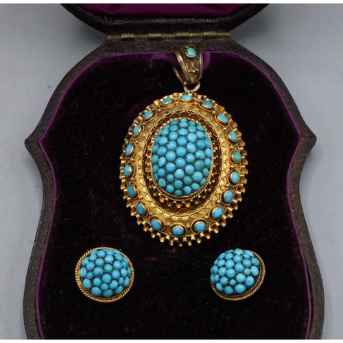 1006 - Victorian Etruscan revival yellow metal pendant with central turquoise cluster dome, turquoise borde... 