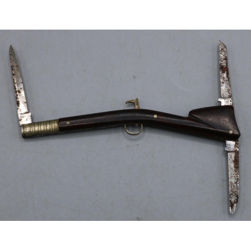 1298 - Victorian novelty pocket knife in the form of a flintlock rifle, the three folding steel blades stam... 