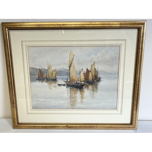 1347 - Frances E. Nesbitt (British 1864-1934); Dartmouth fishing boats off the coast, watercolour, signed, ... 