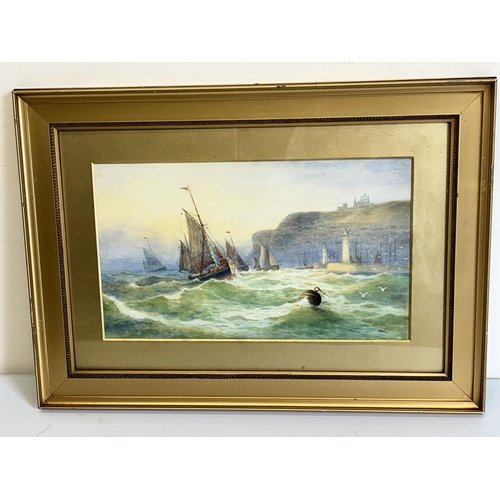 1348 - Herbert Harding Bingley (British 1841-1920); Fishing Fleet off Whitby, Abbey beyond, watercolour, si... 