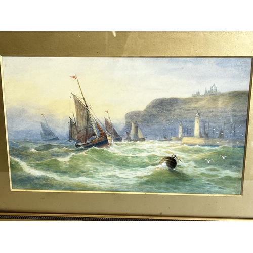 1348 - Herbert Harding Bingley (British 1841-1920); Fishing Fleet off Whitby, Abbey beyond, watercolour, si... 