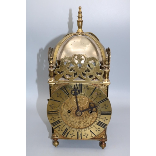 1231 - Early C20th Century brass lantern clock, traditional four pillar case, engraved dial with applied 6 ... 