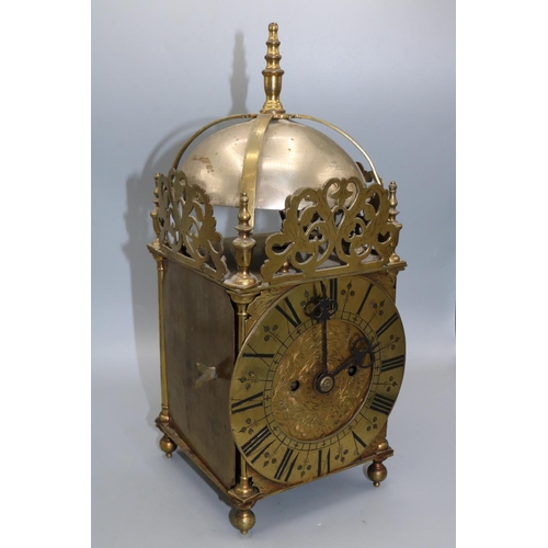 1231 - Early C20th Century brass lantern clock, traditional four pillar case, engraved dial with applied 6 ... 