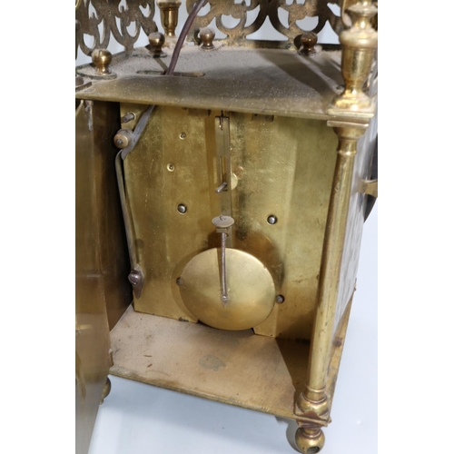 1231 - Early C20th Century brass lantern clock, traditional four pillar case, engraved dial with applied 6 ... 