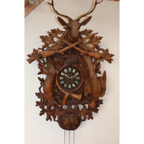 1228 - Early 20th Century Black Forest Linden wood wall clock, carved rustic cornice decorated with stag's ... 