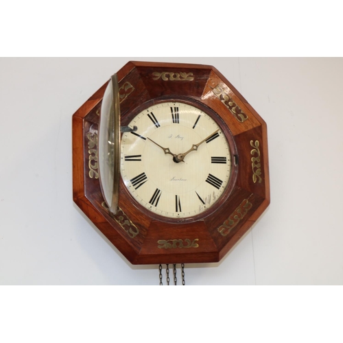 1242 - J. Shey Scarboro' - 19th century mahogany and brass inlaid wall clock, octagonal case and brass beze... 