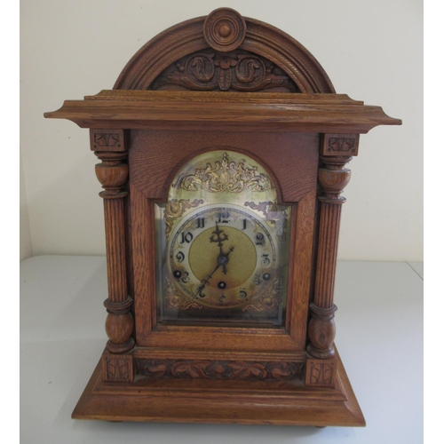 1236 - Early 20th Century German oak bracket clock, carved and moulded case with 3/4 fluted pilasters, brea... 