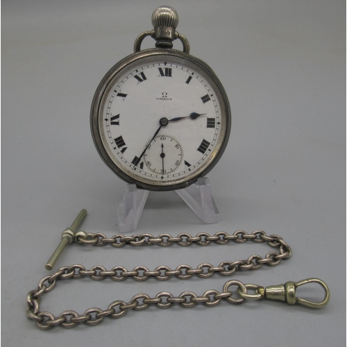 1026 - Omega silver keyless pocket watch, signed white enamel Roman dial, subsidiary seconds, Dennison Watc... 