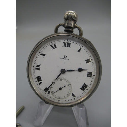 1026 - Omega silver keyless pocket watch, signed white enamel Roman dial, subsidiary seconds, Dennison Watc... 