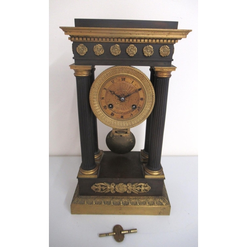 1238 - 19th Century French Empire portico clock, ebonised and gilt metal case with fluted columns on steppe... 