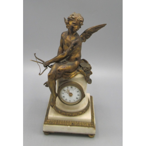 1232 - 19th Century French gilt bronze and white marble figural timepiece, circular pillar mounted with a s... 