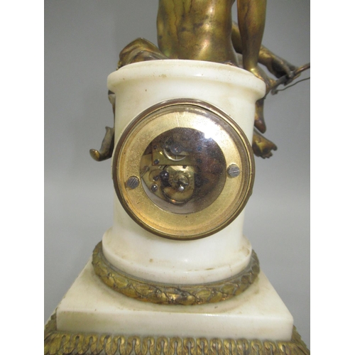 1232 - 19th Century French gilt bronze and white marble figural timepiece, circular pillar mounted with a s... 