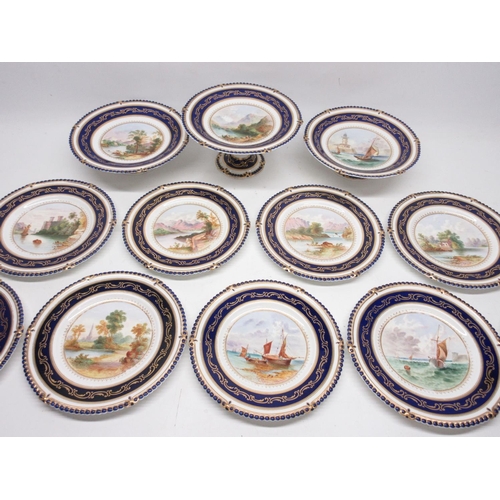 1159 - Charles Ford - Victorian twelve piece dessert service, the three comports and nine plates painted wi... 