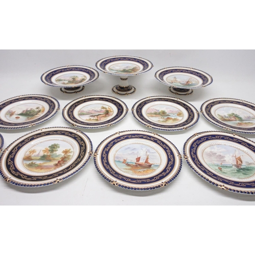 1159 - Charles Ford - Victorian twelve piece dessert service, the three comports and nine plates painted wi... 