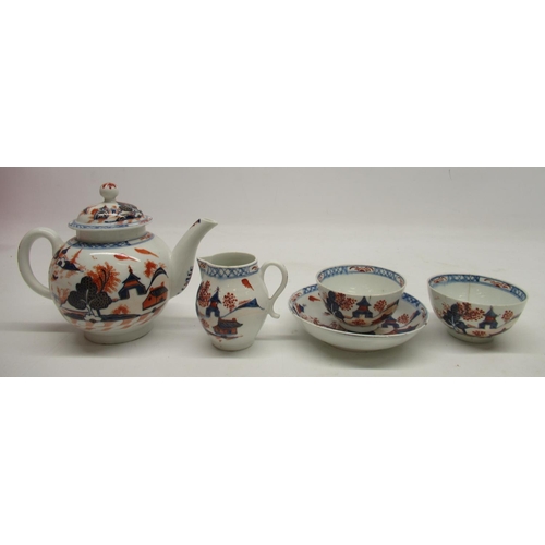 1161 - English porcelain globular tea pot and cover, decorated in blue and red Liverpool style with Orienta... 