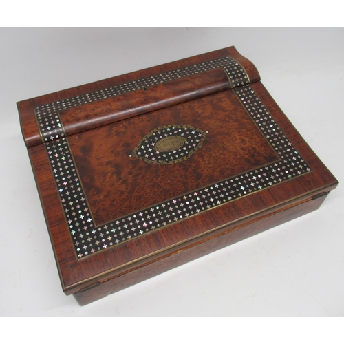 1098 - Victorian brass strung amboyna writing box, hinged cover and folding front enclosing a fitted interi... 