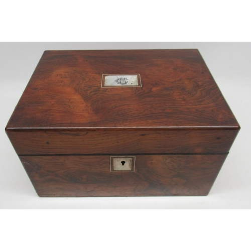 1102 - Victorian rosewood vanity case, the hinged lid with rectangular mother of pearl panel, fitted interi... 