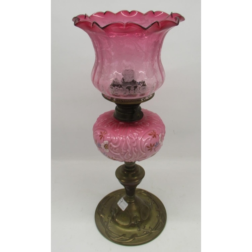 1105 - Victorian oil lamp, with opaline pink reservoir, cranberry glass shade and clear chimney, on moulded... 