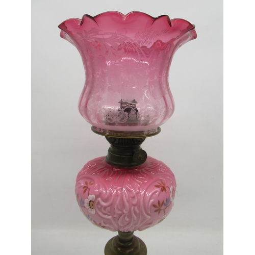 1105 - Victorian oil lamp, with opaline pink reservoir, cranberry glass shade and clear chimney, on moulded... 