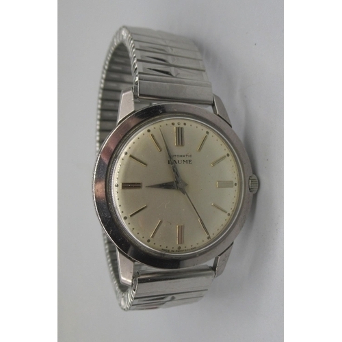 1027 - Baume stainless steel automatic wristwatch on later expanding bracelet, signed silvered dial, applie... 