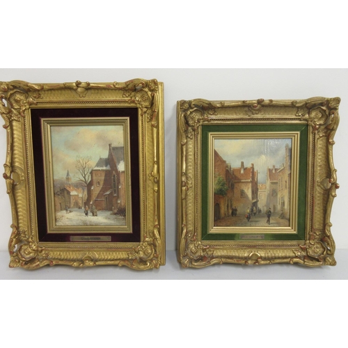 1349 - C. Hofkamp (Dutch 20th century); Dutch street scenes, one in Winter, oil on panel, signed 17cm x 12c... 