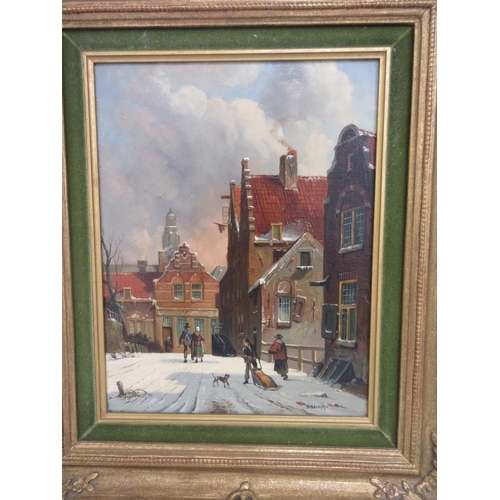 1332 - H. Hubregtse (Dutch 20th century); Dutch street scenes, one in Winter, oil on canvas, signed 29cm x ... 