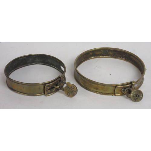 1119 - Victorian brass pet collar, with padlock, and another D11cm max (2)