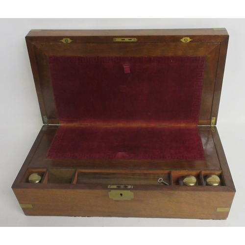 1096 - Victorian figured walnut folding writing box, with brass cartouche and corners, fitted interior with... 